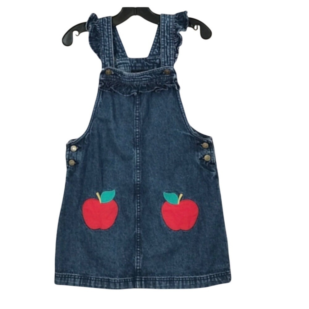 Cynthia Rowley Apple Applique Ruffle Denim Pinafore Jumper Girls Size 7 Blue